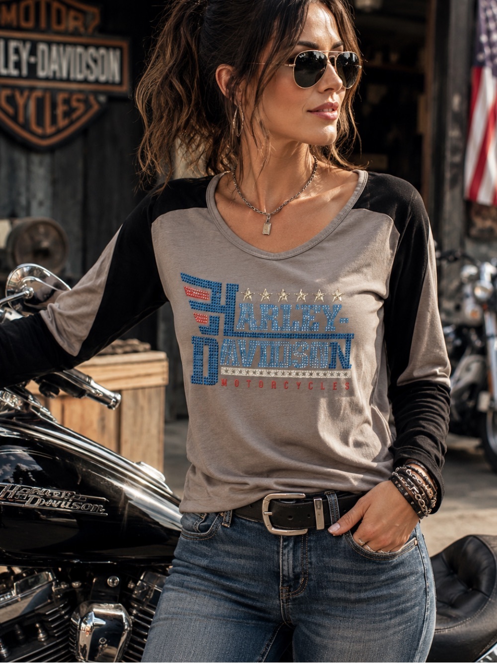 Harley-Davidson Women’s Bling Studded Star Raglan Soft Shirt Gray Blue Large